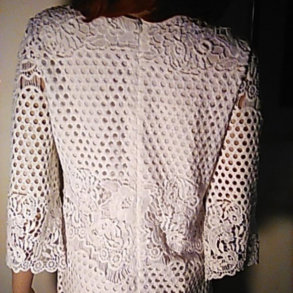 New Dress White Crochet Small Stand Lined Mini Bell See-Through Sleeves NWT - Picture 5 of 6